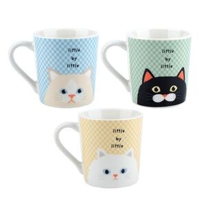 Daiso NWOT 3pc Cat "Little by Little, Do Nothing and Chill" 8.11oz Nose Mugs Set